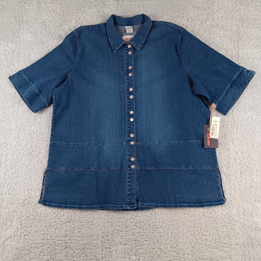 Alain Weiz AW Jeans Womens Blue Denim Snap Front Short Sleeve Shirt Size 24W NEW